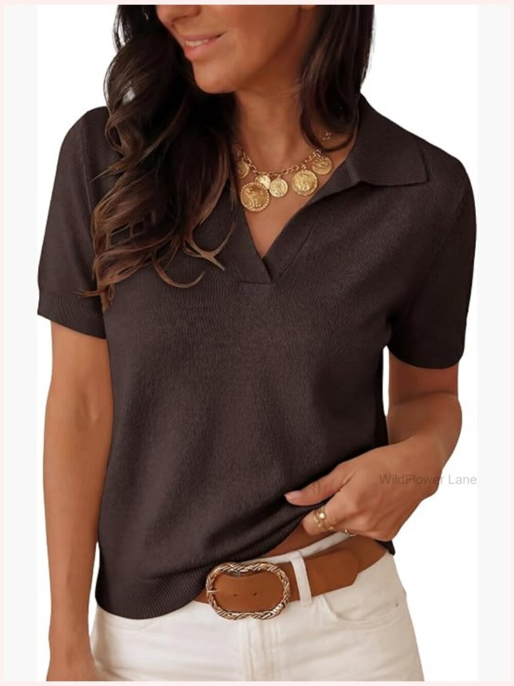 Short Sleeve Wool Blend Polo V Neck Sweater Dressy Top Business Casual